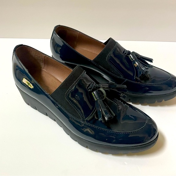Wonders Alba Navy Patent Leather Gored Platform Wedge Tassel Loafers Size 10 - Picture 2 of 16